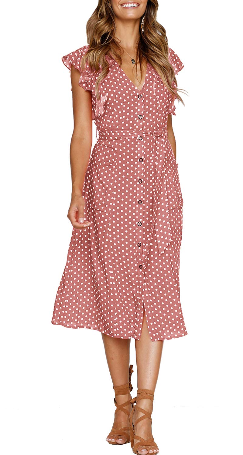 MITILLY Women's Boho Polka Dot Flutter Short Sleeve V Neck Button Down Swing Midi Dress with Pockets X-Large Pink - Image 2